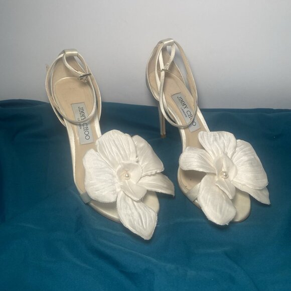 JIMMY CHOO AURELIA 100 IVORY SATIN SANDALS HIGH HEELS - Picture 1 of 6